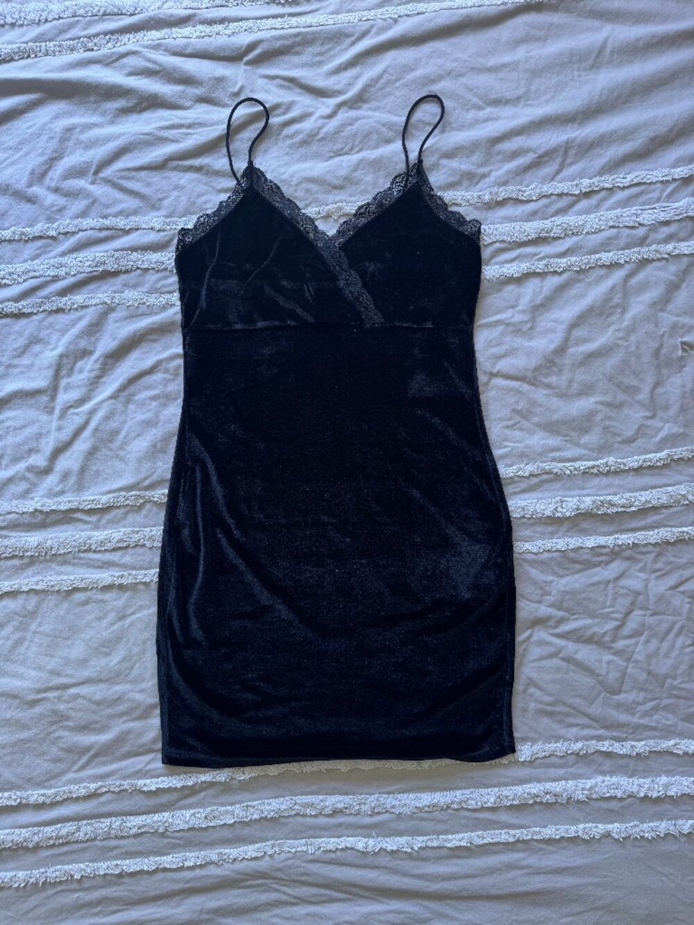 Black Velvet Lace Trim Surplice V Neck Cami Mini Dress Medium M